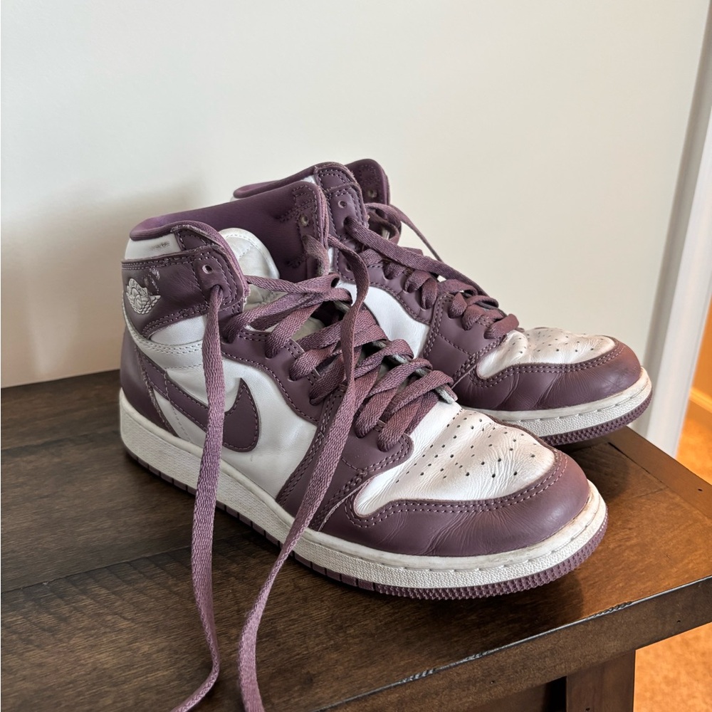 Purple and White High-Top Sneakers, Air Jordans 6.5 US Women